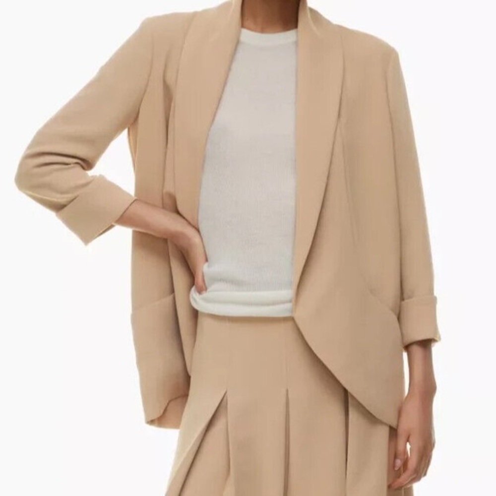 WILFRED ARITZIA Blazer Crepe Shawl Open Front Cuff 3/4 Sleeve Jacket Beige SZ 00